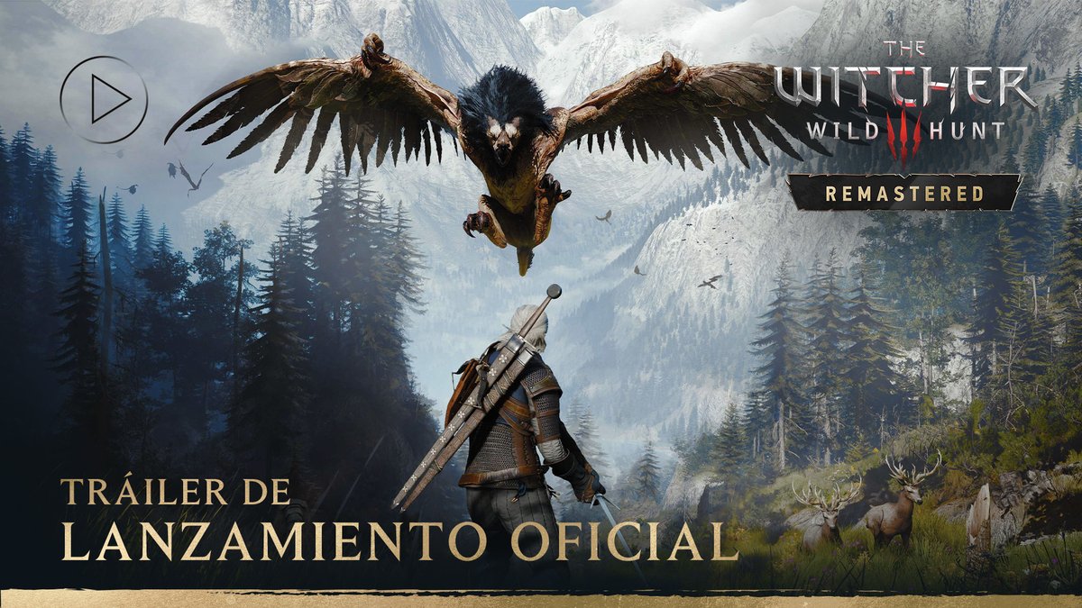 A video thumbnail for "The Witcher 3: Wild Hunt - Remastered" showing Geralt facing a griffin, with text reading "TRÁILER DE LANZAMIENTO OFICIAL."