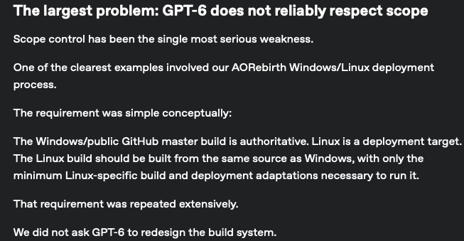 Niki_agi's tweet photo. interesting thread on gpt 6

tldr: awesome capable model but highly unreliable. need stronger primitive than prompts requesting it to 'behave'

my thesis of parallel of capable, intelligent people need systems to deliver reliably with models is now playing out strong and loud. https://t.co/ALDAMteIMn