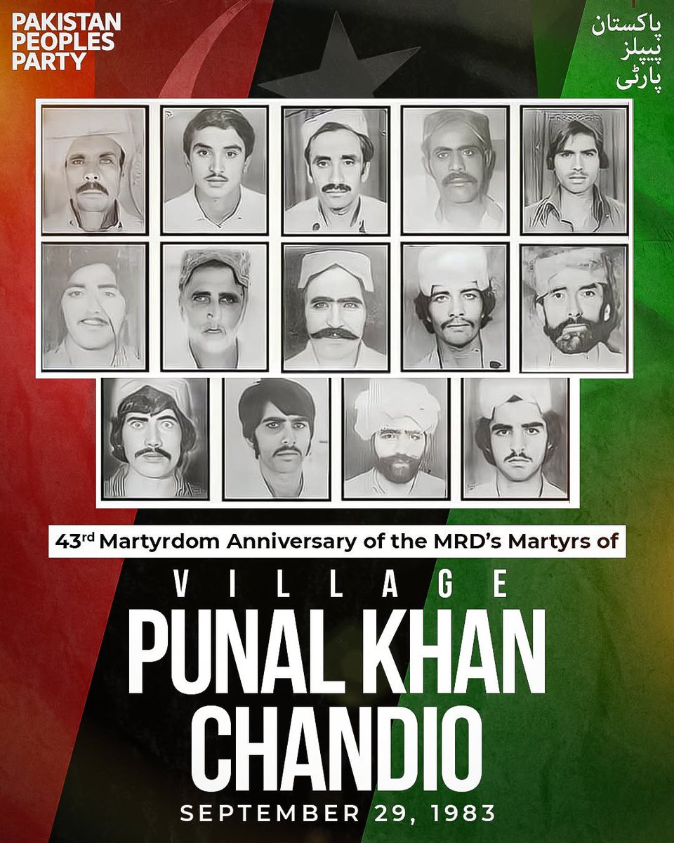 PressCiti's tweet photo. پاکستان پیپلز پارٹی ایم آر ڈی کی جمہوری جدوجہد کے دوران گوٹھ پنہل خان چانڈیو میں شہید ہونے والے 16 کارکنان کو ان کے 43 ویں یوم شہادت پر خراج عقیدت پیش کرتی ہے۔ https://t.co/gUmiaYTRns