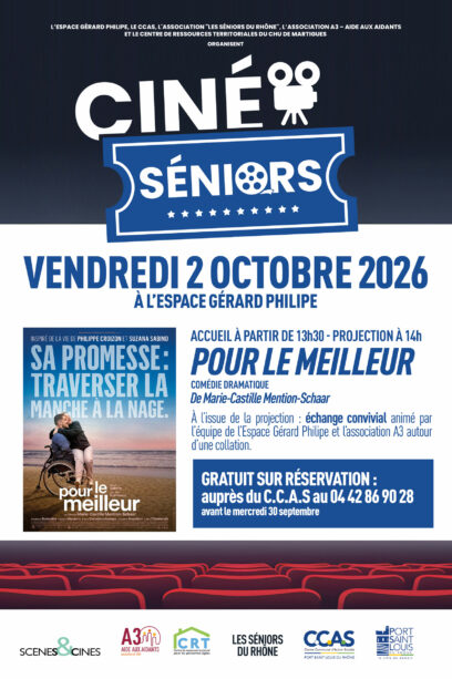 CHMartigues's tweet photo. 🎬 CINE SENIORS

Vendredi 2 octobre 2026 – Espace Gérard Philipe
Nous vous convions à partager un après-midi placé sous le signe du cinéma, des échanges et de la convivialité !

🎥 Projection du film : Pour le meilleur
🕜 Accueil du public à 13h30
🎬 Projection à 14h00 https://t.co/0o4pMB5C81