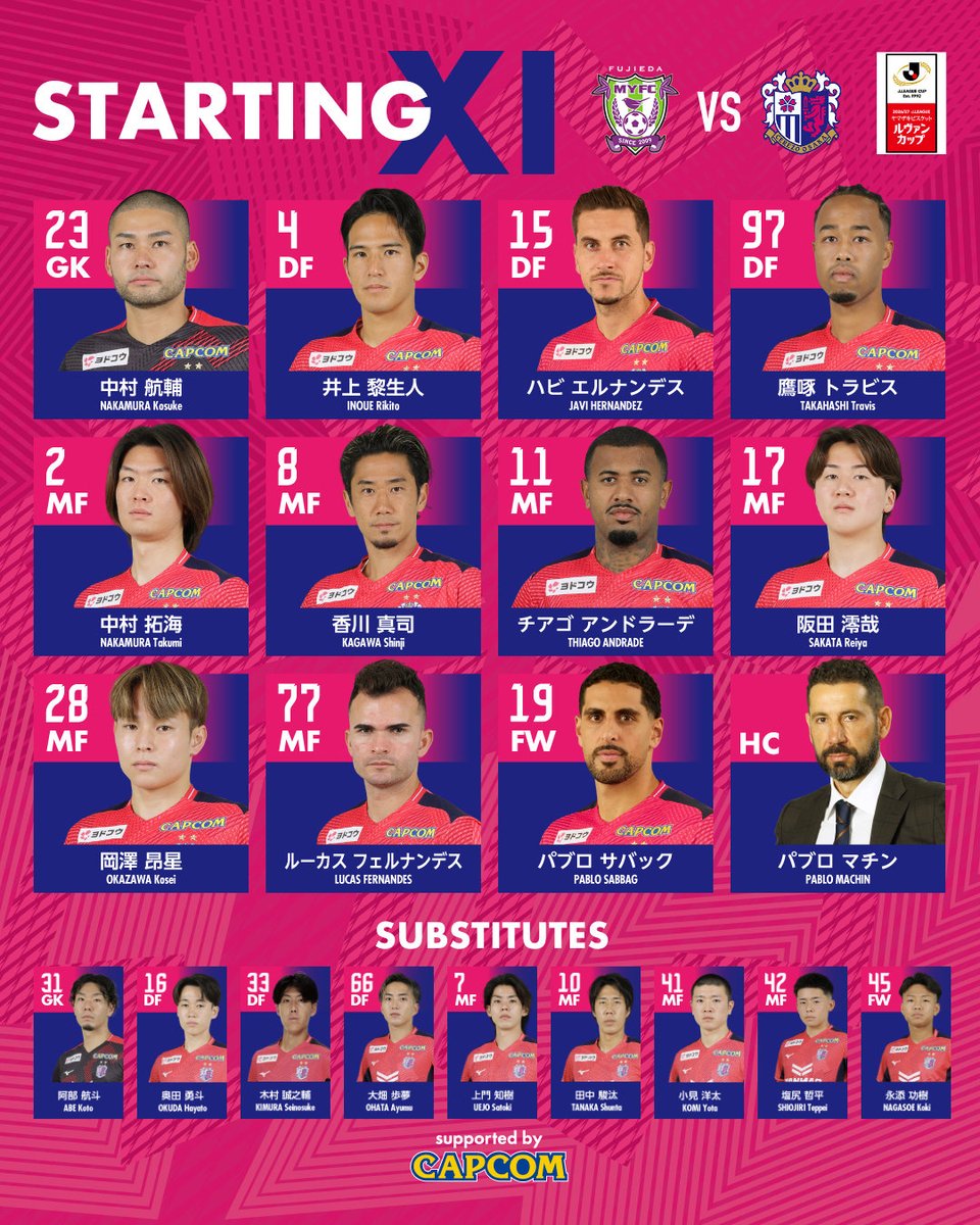 crz_official's tweet photo. Jリーグ ヤマザキビスケット ルヴァンカップ 1stR 2回戦
9/29 19:00 KICK OFF⚽️
藤枝MYFC × #セレッソ大阪
🐺🌸STARTING LINEUP🌸🐺
キックオフ迫る！
みなさま熱い応援よろしくお願いします🔥

#カップをピンクに染めよう https://t.co/iKoLC957V1
