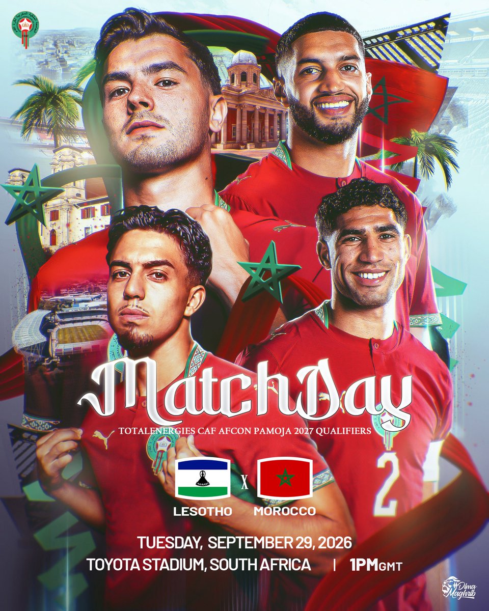 EnMaroc's tweet photo. منتخبنا الوطني يواجه ليسوتو في ثاني مبارياته بتصفيات كأس أمم إفريقيا 2027 بجنوب إفريقيا 🏆

𝙈𝙖𝙩𝙘𝙝𝙙𝙖𝙮
Our National Team faces Lesotho 🇱🇸 in its second AFCON 2027 qualifier in South Africa 🏟️

#DimaMaghrib 🇲🇦 https://t.co/GZtpSBbyhA