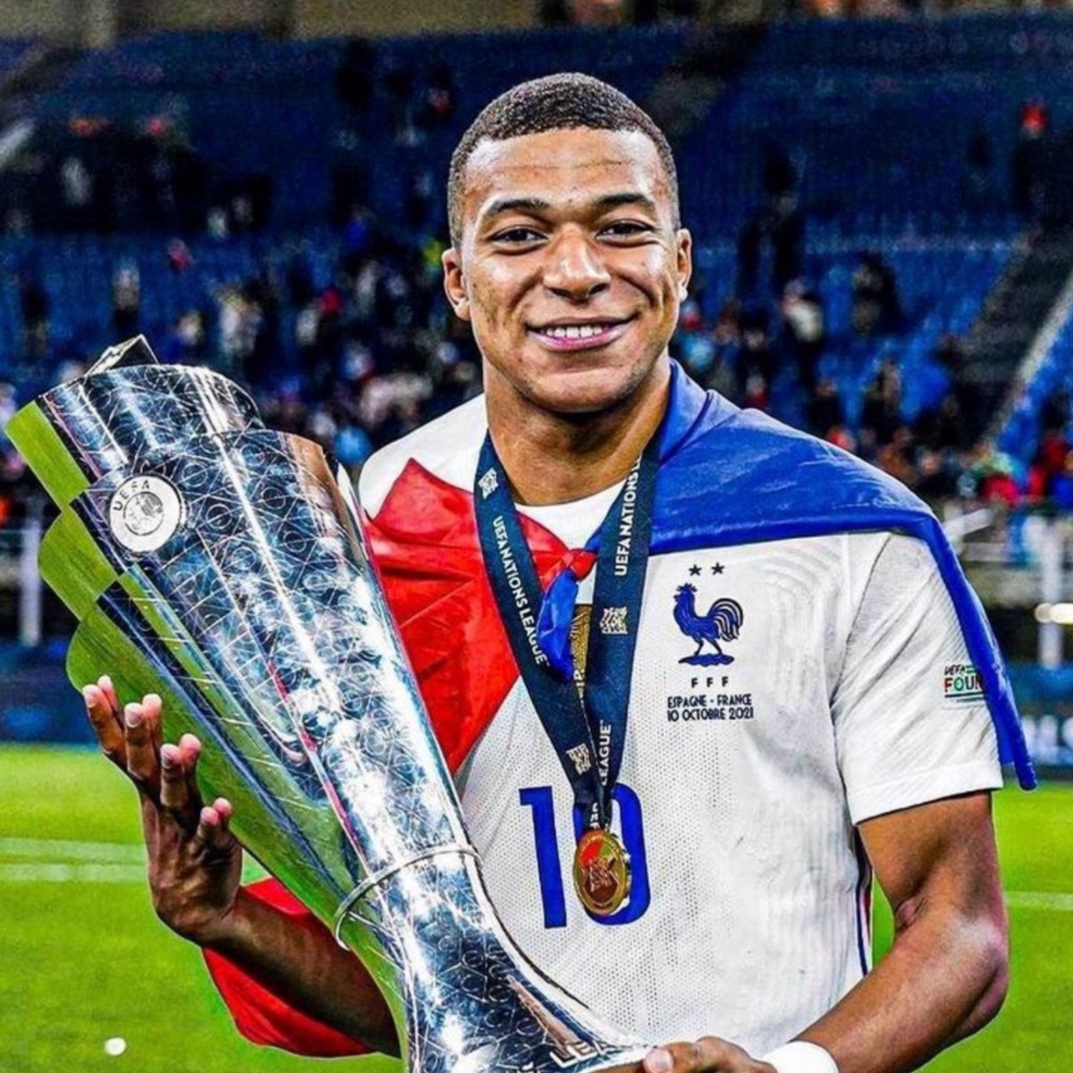 Kylian's tweet photo. Since people care about the Nations League now, Kylian Mbappé has two major international trophies with France. 😉🇫🇷🏆 https://t.co/yu4IyiGbLA