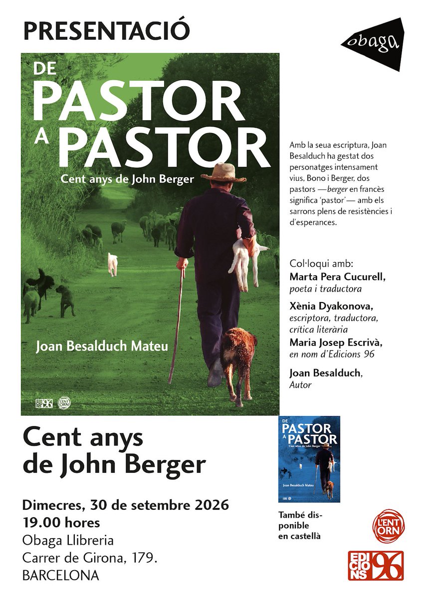 MjEscriva's tweet photo. Mireu què fem demà dimecres a l' @ObagaLlibreria 
Amb la @MartaPera, la Xènia Dyakonova i Joan Besalduch, autor de 'De pastor a pastor', un llibre que homenatja en #JohnBerger i un altre 'pastor', l'Enric Bono, de Sant Mateu del Maestrat. Què hi tenen en comú...?
#CentAnysBerger https://t.co/2p4hwcM40i