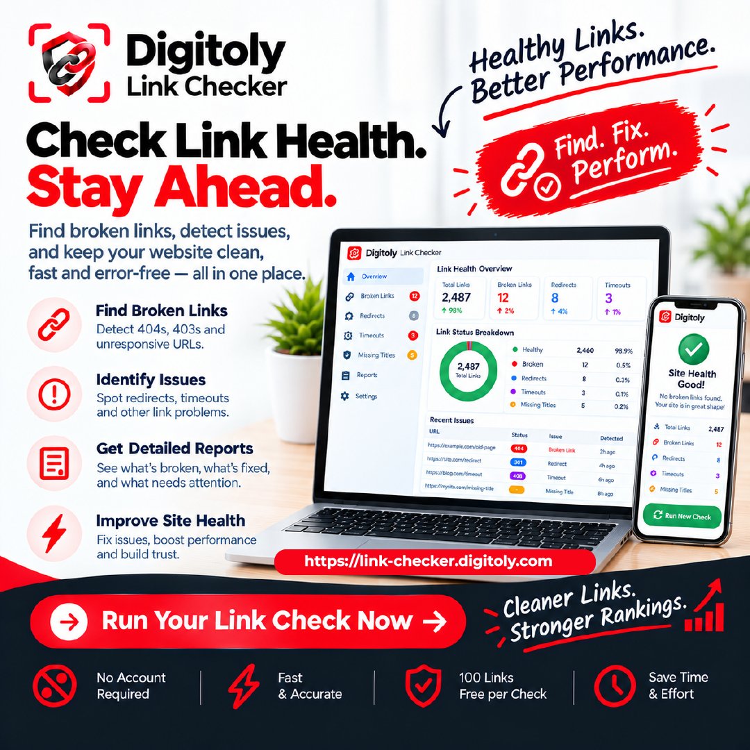 digitoly's tweet photo. Check Link Health. Stay Ahead! 🔗🚀
Healthy Links = Better Performance. Broken links harm user experience and drop search rankings.
👉 Run Your Link Check Now: https://t.co/YoVOm8a6mi
#Digitoly #SEO #LinkChecker #WebPerformance #WebsiteAudit  #DigitalMarketing https://t.co/X3vSp5MOrl