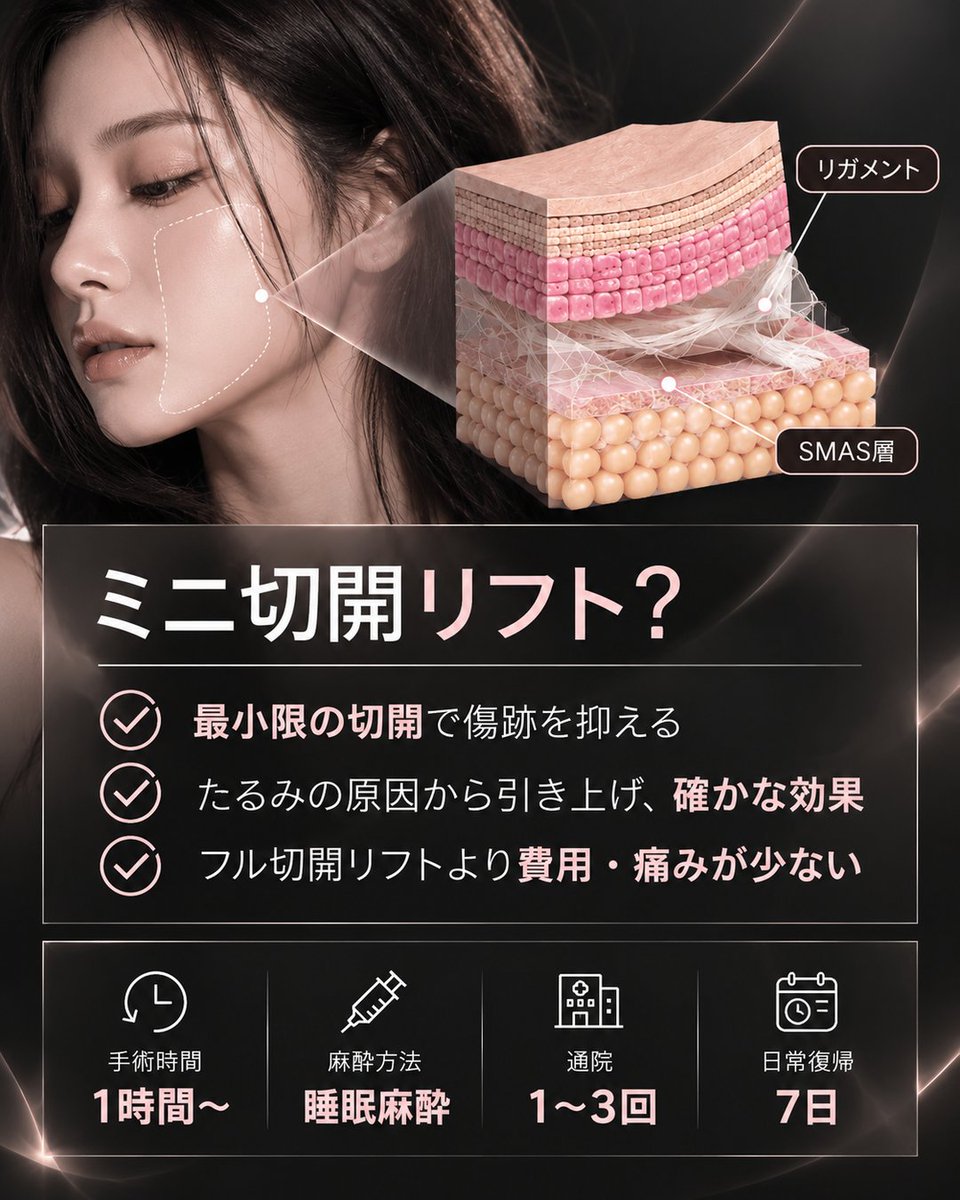 POPJapanPS's tweet photo. 糸リフトじゃ物足りない。でもフル切開はまだ怖い。
その「間」が欲しい人、ミニ切開リフト見て。🫧

フェイスラインのたるみ、切開ライン、SMAS層。
気になるとこだけ3枚でサクッとまとめた。

傷跡・ダウンタイムの相談はLINEへ🪽
@139jiocx
※画像はAI生成のイメージです。 https://t.co/eaMIAKtgdN