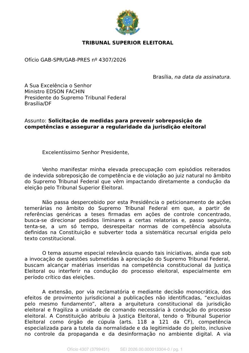 PatriciaDABr's tweet photo. URGENTE: Em OFÍCIO enviado a Fachin, o Ministro Nunes Marques diz que:

“Se o Supremo decidir funcionar como instância eleitoral paralela não haverá razão para manter o TSE de pé, e a eleição, que deveria se resolver nas urnas, passará a ser decidida no silêncio de um gabinete. “ https://t.co/e7DSyOqHPh