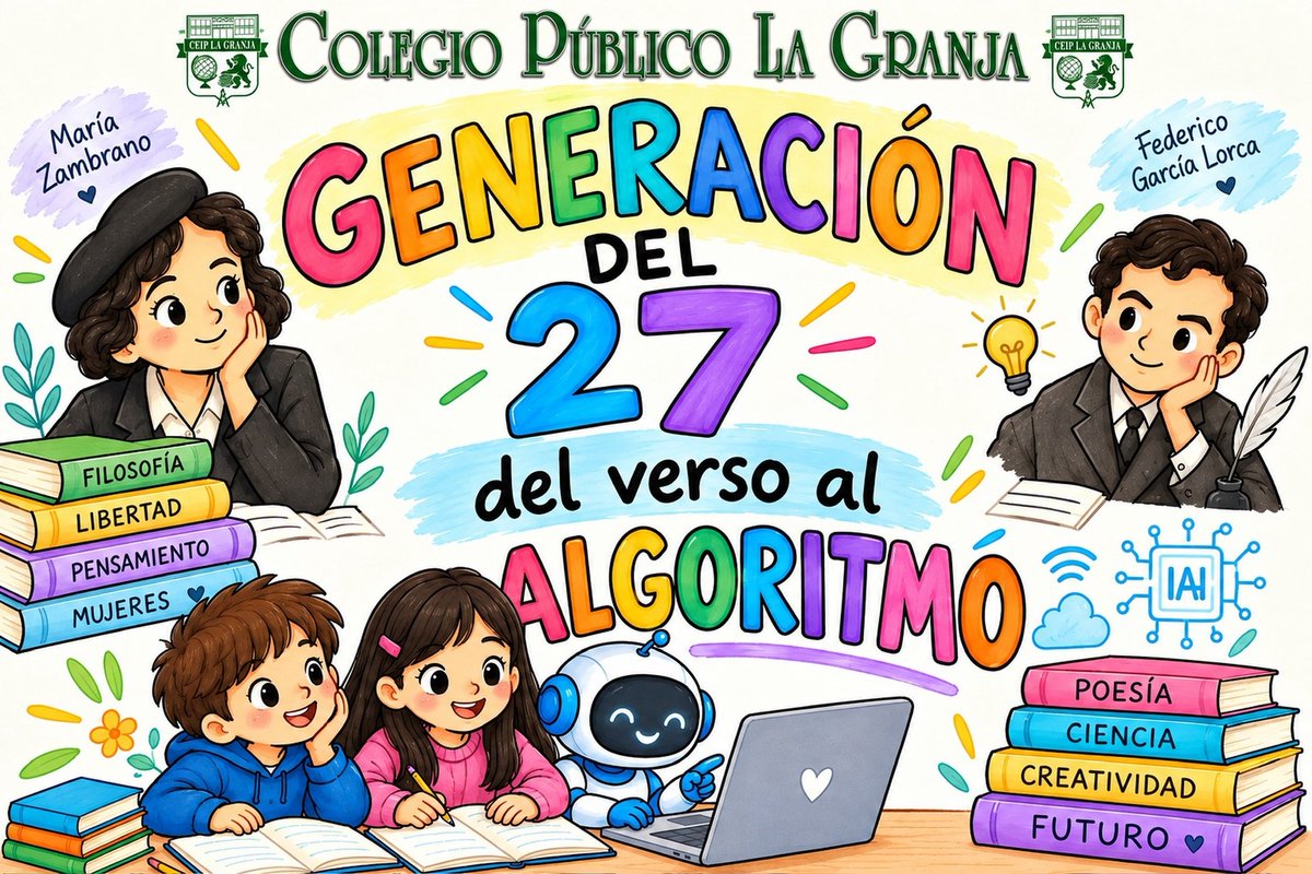 CeipLaGranja's tweet photo. Nuestro Proyecto Anual de Centro tiene como lema: Generación del 27: del verso al algoritmo #ceiplagranjaTEQUERMOS https://t.co/q6DOZluJqB