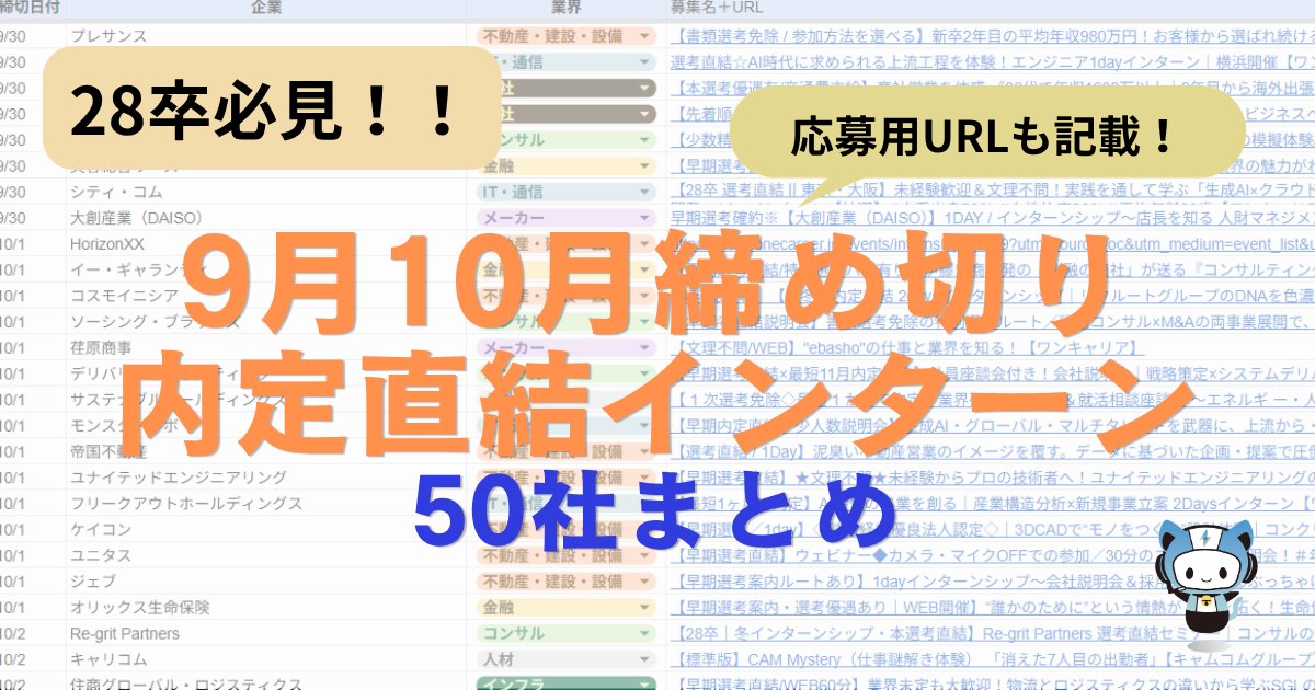 techsyu_main's tweet photo. 【9月末〜10月締切】内定直結の秋冬インターンまとめを無料配布します！！🔥

「夏インターン出遅れた」「今からでも早期内定ルートに乗れるの？」

そう思っている就活生、まだ間に合います！！！
むしろ、9月後半〜10月は本選考優遇に直結するインターン締切のピーク！🚨

▼掲載企業の一部
💡金融
芙蓉総合リース（9/30締切）
三菱UFJニコス（10/6締切）
オリックス銀行（10/8締切）など

💡メーカー
大創産業（9/30締切）
旭化成（10/4締切）
イトーキ（10/18締切）など

中には「書類選考免除」や「最短1か月で内定」といった超優遇ルートを用意している企業もあります👀
締切日だけでなく、応募用のURLまで記載したリストです！

■条件
①@techsyu_main をフォロー
②いいね&RT
③リプで何かしら（「ください」等でOK）
※鍵垢の方は配布できません