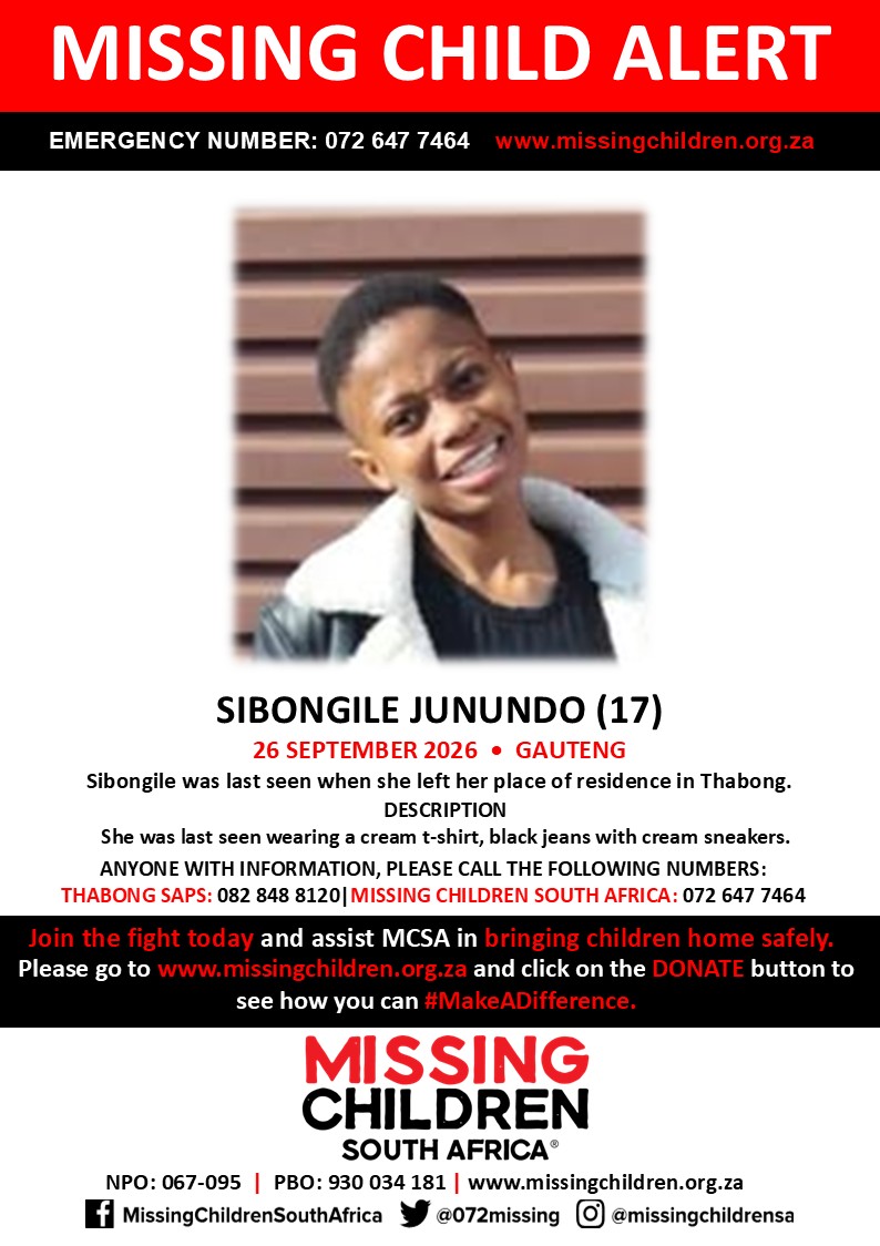 072MISSING's tweet photo. #MCSAMissing 

Sibongile Junundo (17) was last seen 26 September 2026.

If you personally, or your company | or your place of work, would like to make a donation to #MCSA, please click here to donate: https://t.co/x07yLZWFAo Thank you https://t.co/6v9RYsKXpi