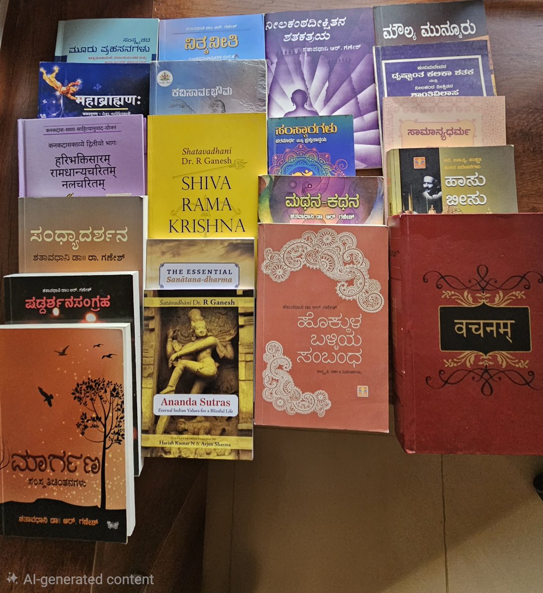 hsraghav's tweet photo. I had the privilege of introducing this set of books authored by Shatavadhani Dr. R Ganesh at a recent Rasārādhanam session. Each one a gem. 

Dr. Ganesh has written more than 80 books, fwiw.

(AI was used to erase some human artifacts from this picture) https://t.co/BMLq5467Rl