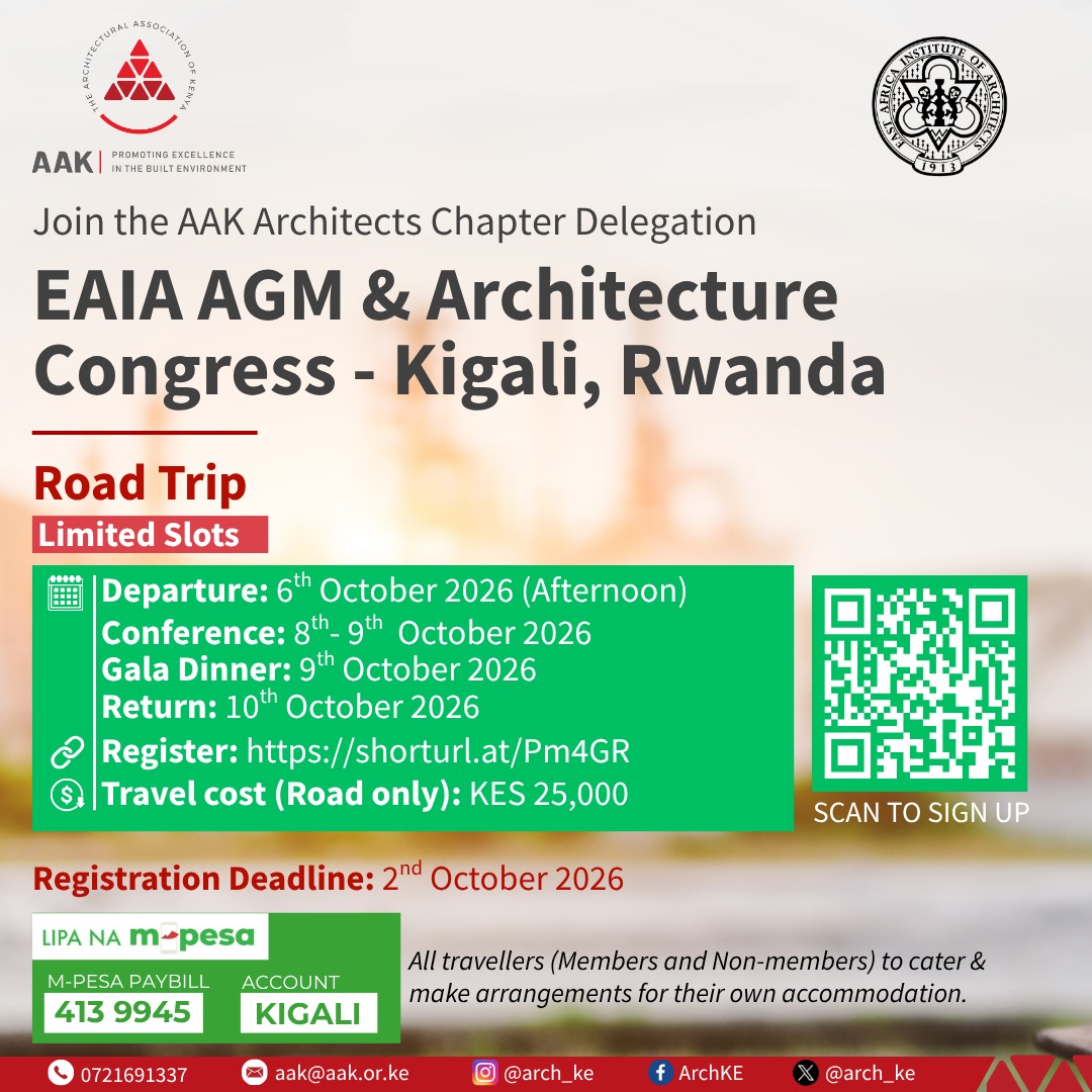 Arch_KE's tweet photo. The AAK Architects Chapter invites you to be part of its delegation to the East Africa Institute of Architects (EAIA) AGM & Architecture Congress to be held in Kigali, Rwanda.

Join our organized Road Trip for a unique opportunity for cross-border learning, networking and regional collaboration.

Slots are limited. Scan the QR code on the poster to register or use this link: https://t.co/OOHK7U2hZM