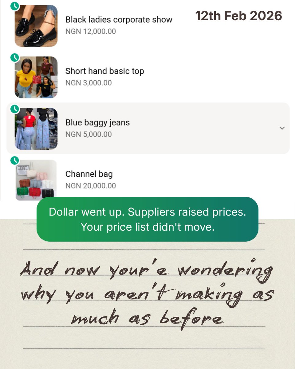PayShiftng's tweet photo. That price list you sent 3 months ago

Your customers are still ordering from it right ?
But since then

Dollar went up.
Suppliers raised prices.

But your selling price — That didn't.

Every sale since February has been costing you more and more every month.

Follow @PayShiftng https://t.co/4iARTEBAWS