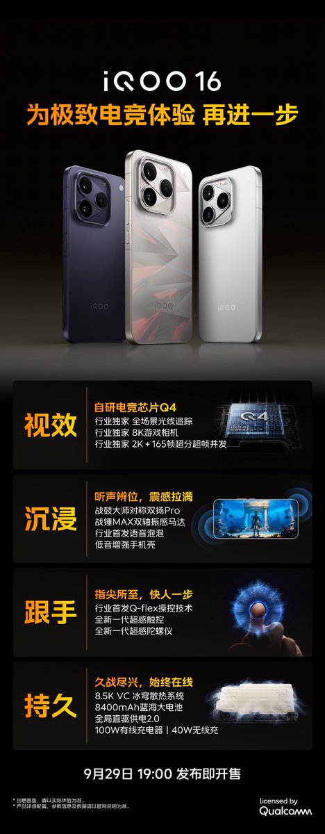 pentolgadget's tweet photo. An Epic Sci-Fi Introduction to iQOO 16.

Hari ini, 29 September, 19.00 waktu China (18.00 WIB), iQOO 16 resmi meluncur di China.

• 2K 165Hz Samsung M16
• Snapdragon 8 Elite Extreme Gen 6
• 8.400mAh + 100W
• Triple 50MP 📸
• Main 50MP 1/1.3”
• Sony Super Periscope 50MP
• CIPA 5.5-axis stabilization
• 500Hz touch sampling
• 2.800 nits global / 10.000 nits local
• IP68 + IP69
• 3D ultrasonic fingerprint

Desainnya juga beda Tomorrow’s Porthole, mechanical-arm camera, plus holographic finish.

Kita lihat iQOO 16 sebenarnya segila apa. 

#iQOO16 #iQOO #Snapdragon #GamingPhone #Gadget #PentolGadget