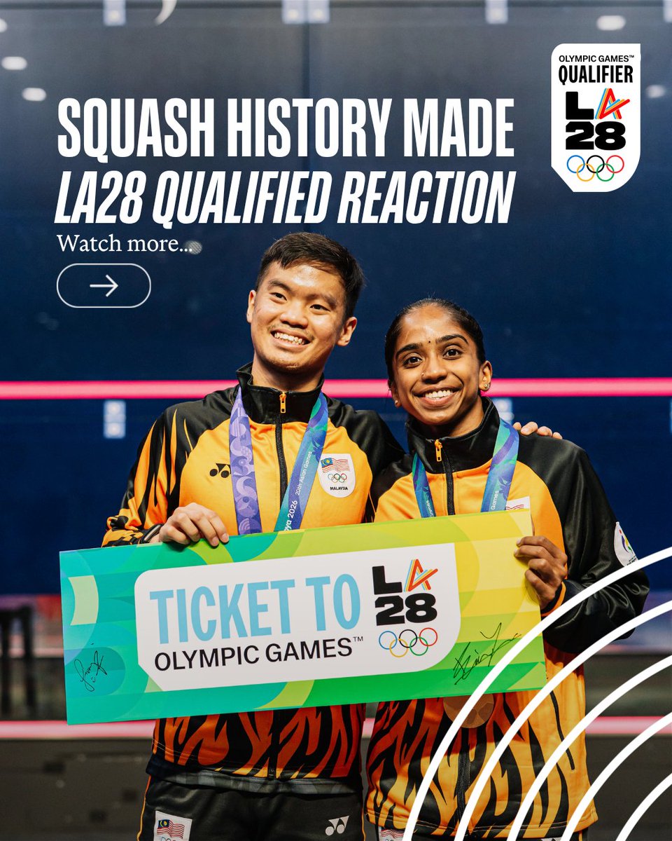 Olympics's tweet photo. History makers! 🤩

We speak exclusively with Eain Yow NG and Sivasangari Subramaniam... squash's first Olympic-qualified athletes after the Malaysian pair took gold in the men's and women's singles, respectively, at the #AsianGames to secure their quota place at #LA28. 💪

#Olympics | #Squash | #RoadToLA28 | #OlympicQualifiers