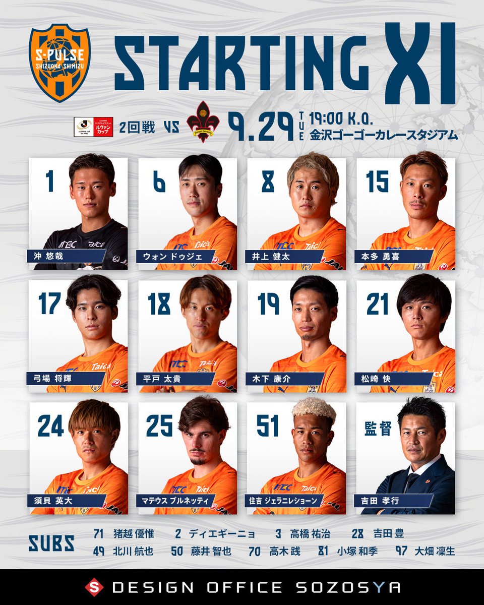 spulse_official's tweet photo. ▶︎ 𝗠𝗔𝗧𝗖𝗛𝗗𝗔𝗬｜金沢戦𝙎𝙏𝘼𝙍𝙏𝙄𝙉𝙂 𝙇𝙄𝙉𝙀𝙐𝙋🔸🔸
金沢戦、19時キックオフ。
本日も熱いご声援よろしくお願いいたします。
https://t.co/NhfESBjQnK

試合速報はエスパルス公式X＆試合コンテンツは #エスパルスアプリ で※PREMIUMコンテンツで配信中
📱ダウンロード
https://t.co/WV7dQDeVtH

#spulse #ONEFAMILY #0929vs金沢