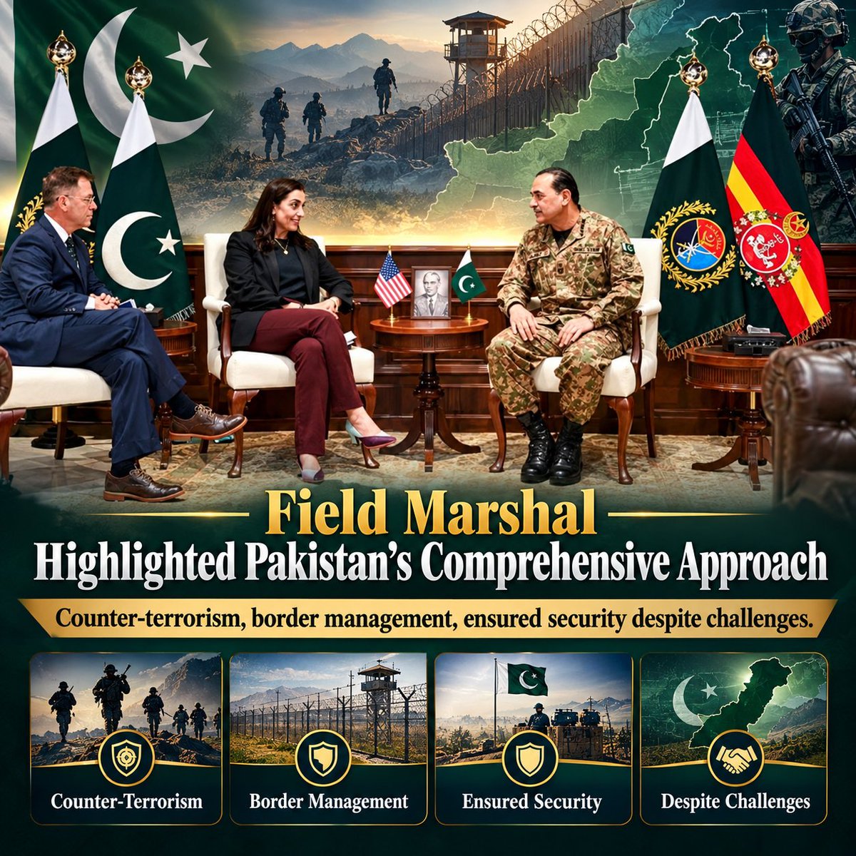 No_rul07's tweet photo. Field Marshal highlighted Pakistan's comprehensive approach - counter-terrorism, border management, ensured security despite challenges
#USDelegationAtGHQ #AfghanTTPExposed #FieldMarshalAsimMunir
"CDF Asim Munir" https://t.co/FUiYc432CJ