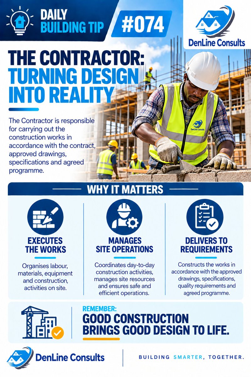 DenlineConsults's tweet photo. 🏗️ Good construction brings good design to life. The Contractor turns approved drawings and specifications into reality by managing site operations, resources, workmanship and construction activities.
#DailyBuildingTip #Contractor #Construction #ProjectManagement #DenLineConsults https://t.co/nRu38xZoSj