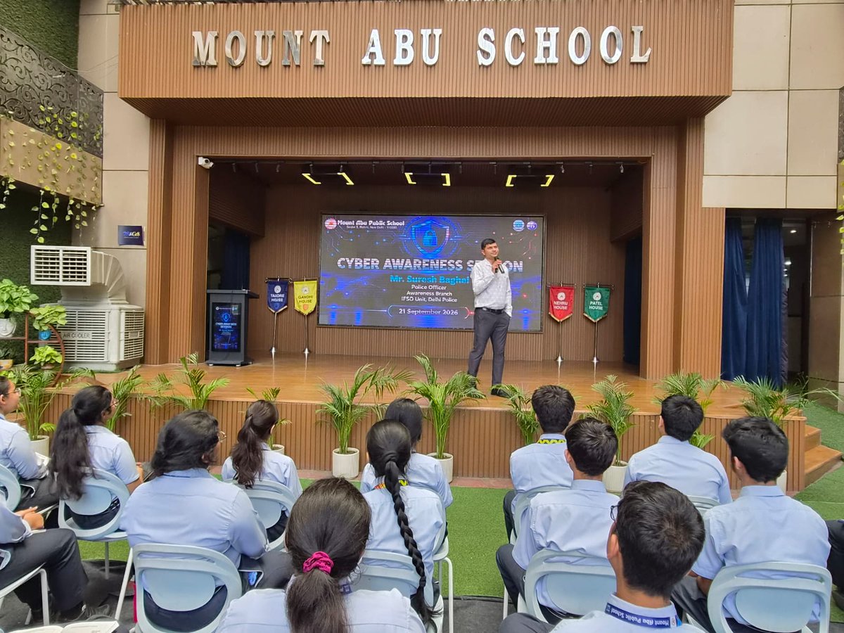 DCP_IFSO's tweet photo. On 21.09.2026, the #IFSO Unit conducted a Cyber Awareness Program at Mount Abu School, Rohini Sector-5, engaging 250+ students and school faculty in an interactive session on online safety, cyber fraud prevention, digital responsibility, and timely reporting of cyber crimes. https://t.co/0uJ70cjeqs