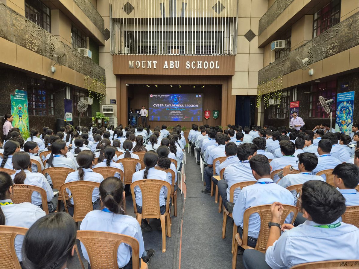DCP_IFSO's tweet photo. On 21.09.2026, the #IFSO Unit conducted a Cyber Awareness Program at Mount Abu School, Rohini Sector-5, engaging 250+ students and school faculty in an interactive session on online safety, cyber fraud prevention, digital responsibility, and timely reporting of cyber crimes. https://t.co/0uJ70cjeqs