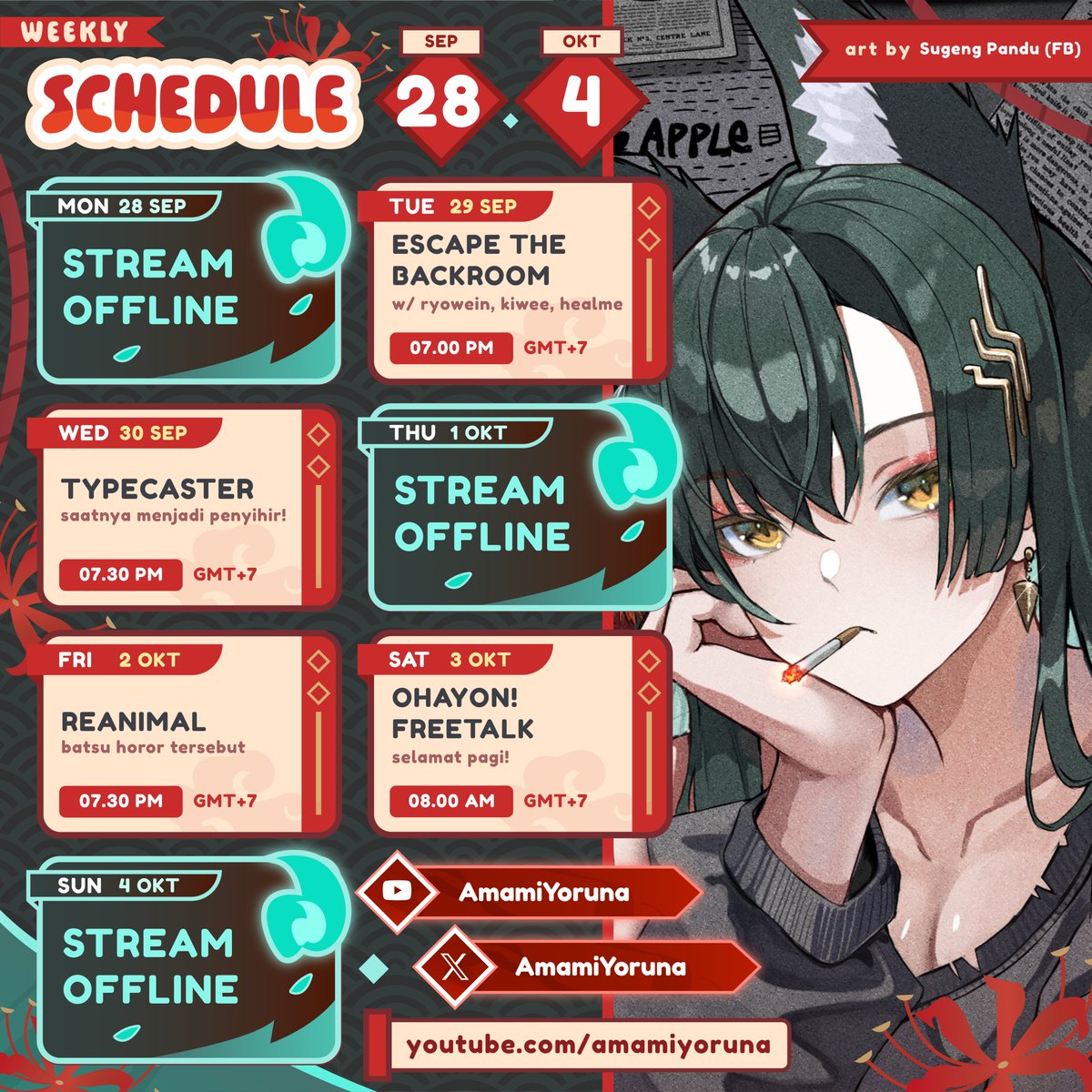 amamiyoruna's tweet photo. 💚𝐖𝐞𝐞𝐤𝐥𝐲 𝐒𝐜𝐡𝐞𝐝𝐮𝐥𝐞💚
⊹ ࣪ ˖ 𝟐𝟖/𝟎𝟗 - 𝟎𝟒/𝟏𝟎 ˚. ᵎᵎ

Hari jumat aku akan memulai milestone donogoals game horor tersebut 😭 😭 

Kalau ada perubahan akan Yona kabari di X/discord yha~! https://t.co/tiXCdME966