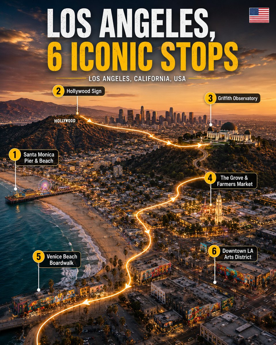 PhilipeCastro's tweet photo. Six stops. One unforgettable LA story. From beach sunsets to city lights, LA is calling! 🌴

#LosAngeles #VisitLA #LATravel #CaliforniaDreaming #TravelGuide #ExploreLA #USAtravel #TravelInspiration #Wanderlust #TripOn #TripOnUS #Tripononline https://t.co/ZJyU5jQBTG
