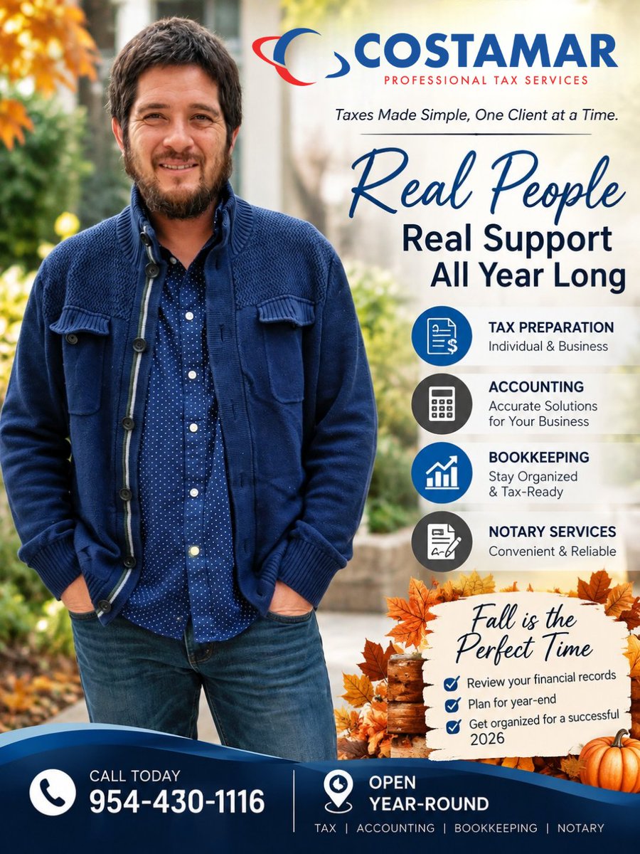 costamarprotax's tweet photo. A friendly face behind the numbers. 😊
At Costamar Pro Tax Service, we're here year-round to help individuals, families, and businesses stay financially organized and tax ready. Fall is the perfect time to start planning for year-end success. 
📞 954-430-1116
#CostamarProTax https://t.co/GHyE1l7LNI