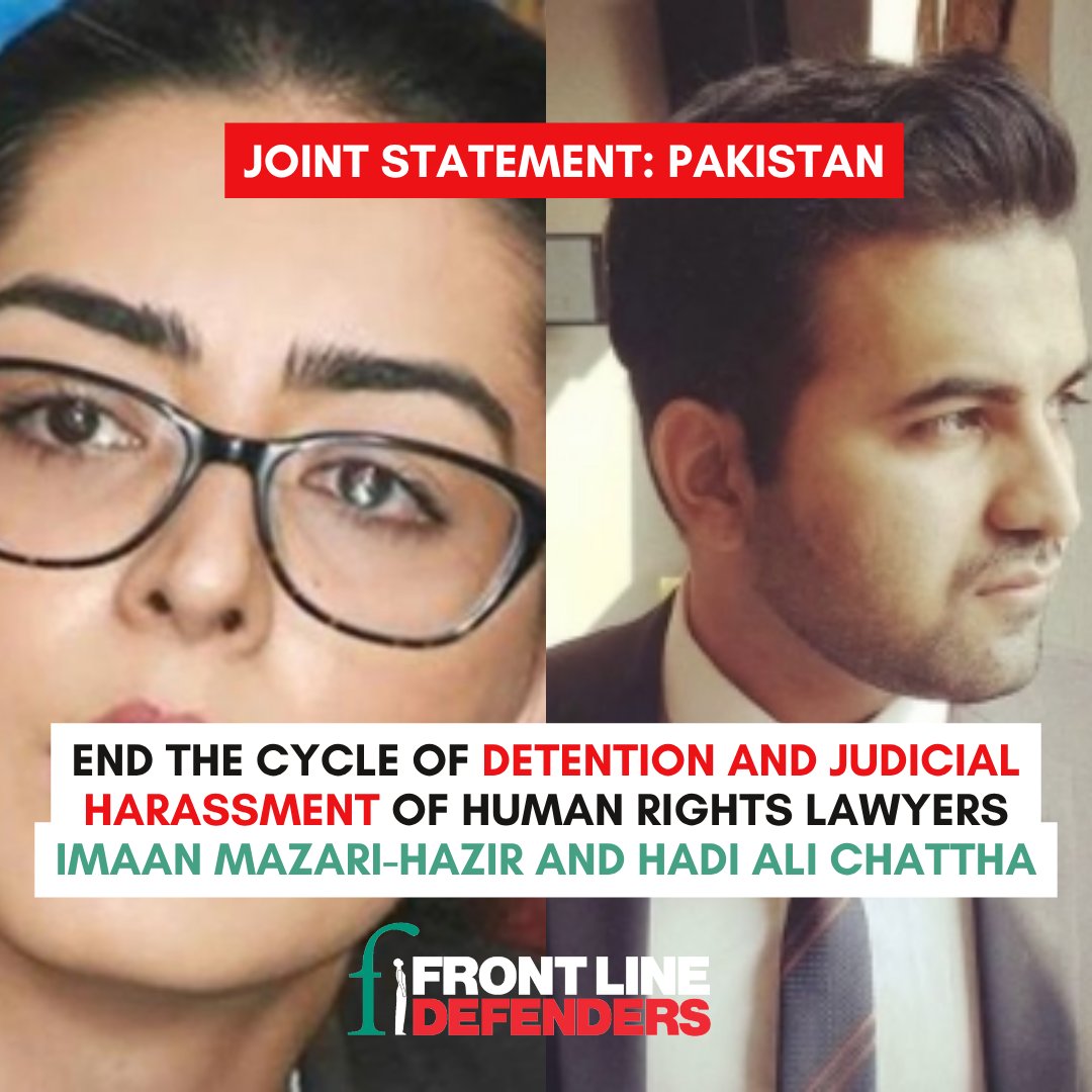 FrontLineHRD's tweet photo. ๐Pakistan
๐จHuman rights lawyers Imaan Mazari-Hazir & Hadi Ali Chattha remain arbitrarily detained despite the Supreme Court granting them bail on 17 September 2026.
The Pakistani authorities must release them immediately and end reprisals and judicial harassment.
๐ https://t.co/KFxYJvwN3D