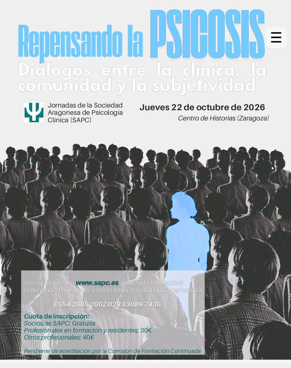 PsicoApigmalion's tweet photo. El 22 de octubre en Zaragoza tengo la oportunidad de hablar de psicosis, relación terapéutica y cómo hacer de ella una verdadera intervención.

Gracias a la Sociedad Aragonesa de Psicología Clínica por la invitación a participar y poder escuchar a otros profesionales. https://t.co/0BWqkrLPyD