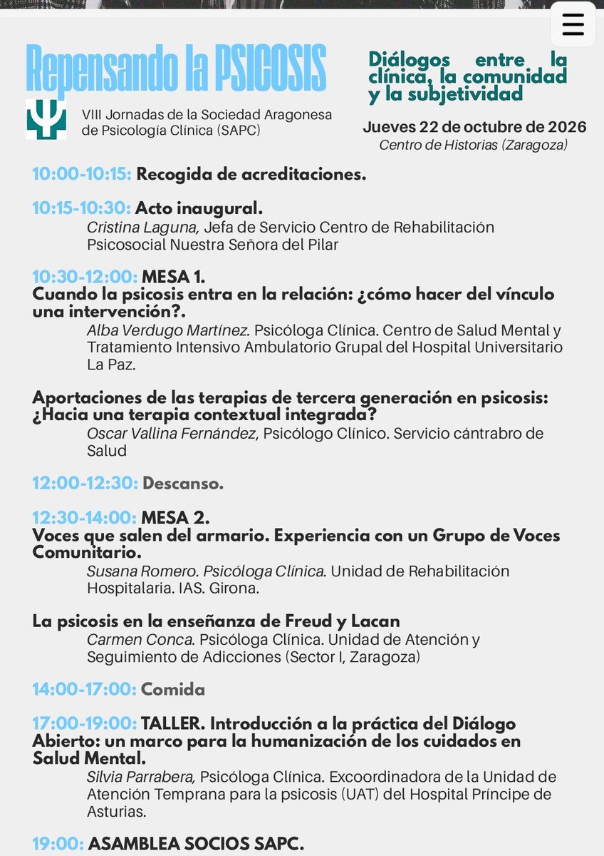 PsicoApigmalion's tweet photo. El 22 de octubre en Zaragoza tengo la oportunidad de hablar de psicosis, relación terapéutica y cómo hacer de ella una verdadera intervención.

Gracias a la Sociedad Aragonesa de Psicología Clínica por la invitación a participar y poder escuchar a otros profesionales. https://t.co/0BWqkrLPyD