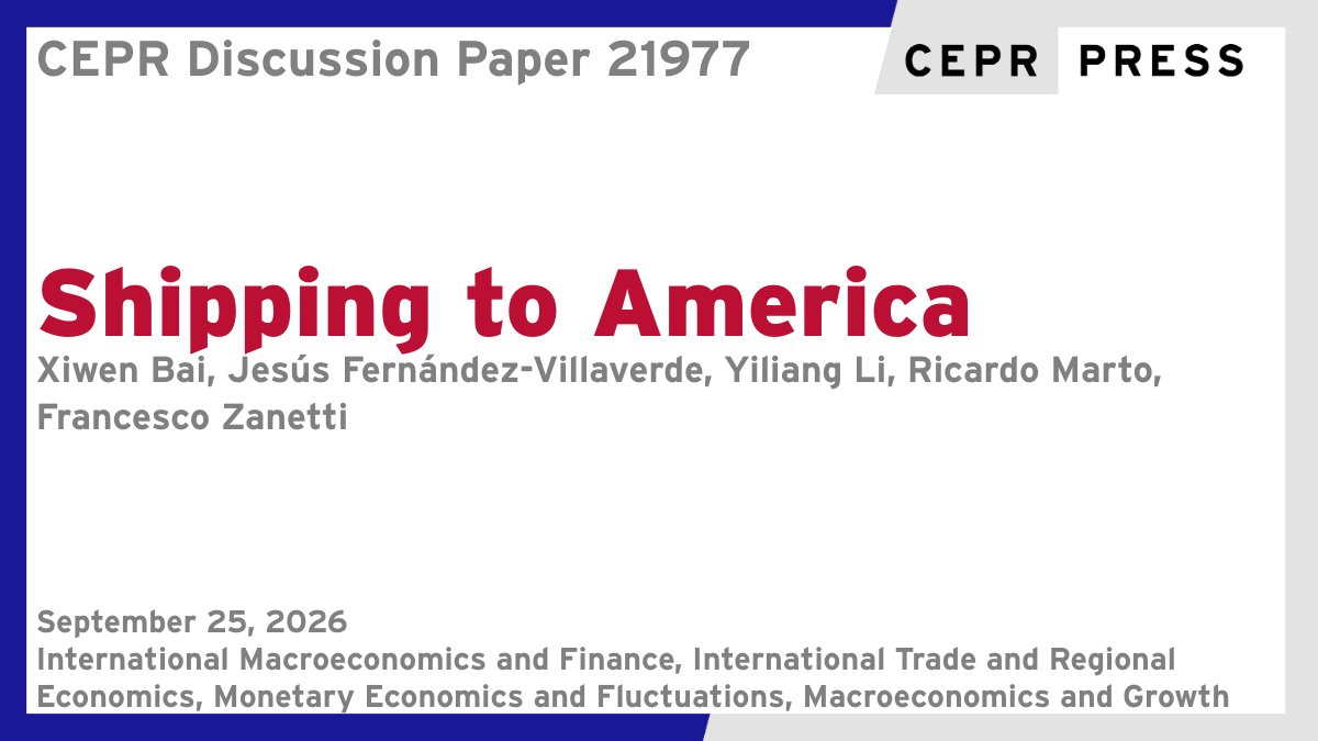 cepr_org's tweet photo. New CEPR Discussion Paper - DP21977
Shipping to America
Xiwen Bai @Tsinghua_Uni, Jesús Fernández-Villaverde @Penn @penneconomics, Yiliang Li @PKU1898, @RicardoVMarto @stlouisfed @STLFedResearch, Francesco Zanetti @OxfordEconDept @UniofOxford
https://t.co/SkYcw9PJ1D
#CEPR_IMF #CEPR_ITRE #CEPR_MEF #CEPR_MG #EconTwitter