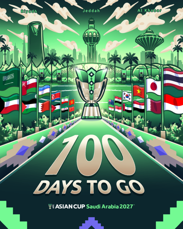 afcasiancup's tweet photo. 1️⃣0️⃣0️⃣ DAYS TO GO

Asia’s biggest football festival is on its way! 🇸🇦 Saudi Arabia awaits patiently 🤩

#AsianCup2027 https://t.co/Ma2FqrTT2y