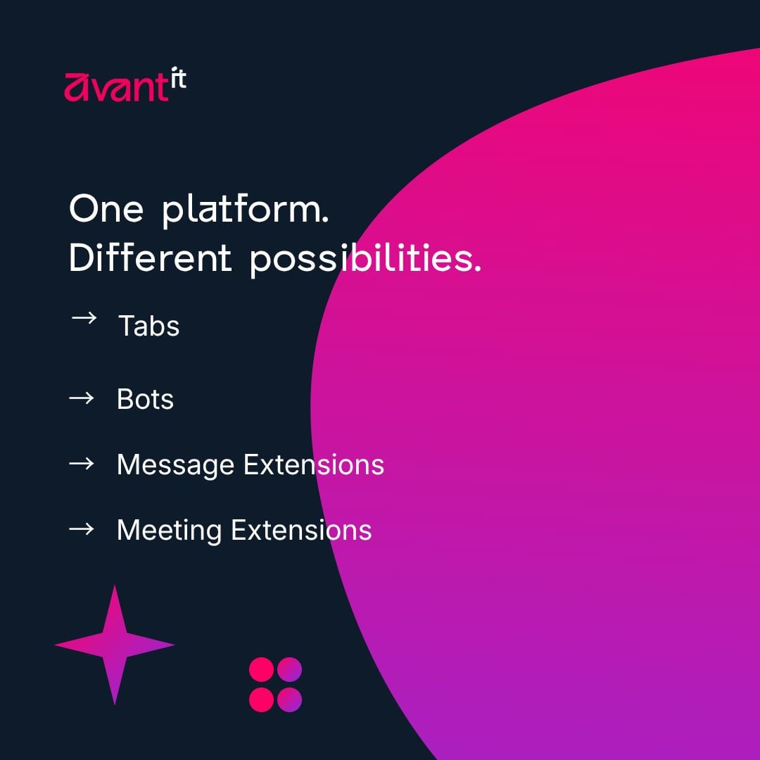 avantithq's tweet photo. 📔 Educational Tuesday — Custom Teams Apps

Teams can be more than chats and meetings.

🧩 Build with:
→ Tabs
→ Bots
→ Message Extensions
→ Meeting Extensions

💡 Turn Teams into a productivity hub. https://t.co/fQMqMEh604