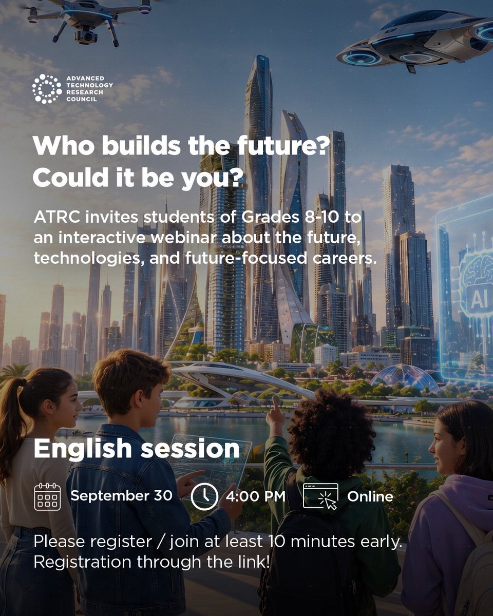 atrcuae's tweet photo. Who builds the future? Maybe you 👀

Join Who Builds the Future?, an interactive session exploring future careers, technology and where your interests could take you.

📅 30 September | 4:00 PM | Online
🔗 Register now and join the session: https://t.co/CzA4Kh7fKX https://t.co/Fady6XtOt7