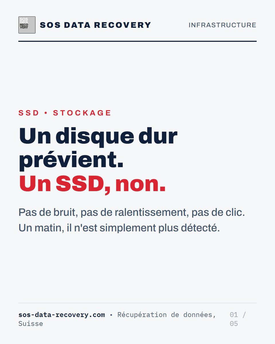 datarecovery_ch's tweet photo. Un disque dur qui meurt clique et ralentit. Un SSD disparaît d'un coup. Plus détecté ? N'insistez pas : chaque mise sous tension compte. Les puces contiennent souvent encore tout. Diagnostic gratuit en 3 h.
→ https://t.co/ZpVedjKXn8

#SSD https://t.co/5oMaXdK1Ed