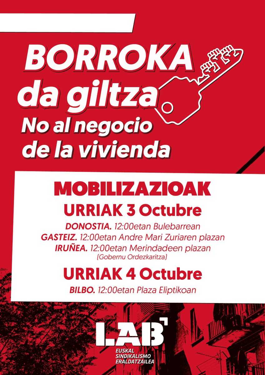 LABsindikatua's tweet photo. 🏠 Etxebizitzaren negozioaren aurkako mobilizazioak antolatu ditugu Hego Euskal Herriko hiriburuetan

Eredua goitik behera eraldatu behar da, eta, horretarako, premiazkoa da etxebizitzaren merkatuan esku hartzea eta errentismoa amaitzea.

🔗 https://t.co/tKdp24kCRM https://t.co/PgiZVYwO45