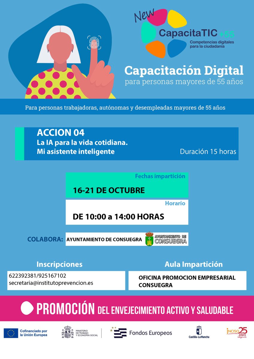 AytoConsuegra's tweet photo. 📣 Abierto el plazo para el curso gratuito "La IA para la vida cotidiana. Mi asistente inteligente" en Consuegra, dirigido a mayores de 55 años (trabajadores, autónomos y desempleados).

👉 https://t.co/OKgJKmABEW
#CapacitaTIC55 #Consuegra #InteligenciaArtificial https://t.co/WS38vNpCXl