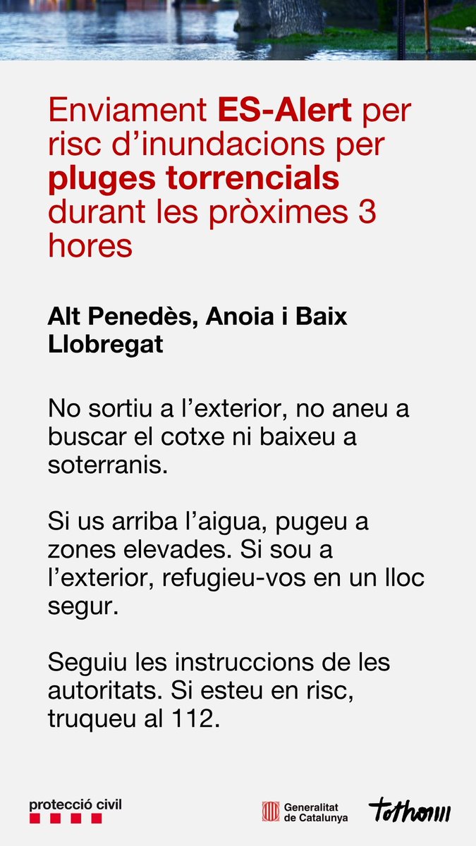 emergenciescat's tweet photo. 📲 Hem enviat un #ESAlert als telèfons mòbils de l’Alt Penedès, l’Anoia i el Baix Llobregat davant el risc d’inundacions per pluges torrencials durant les pròximes 3 hores.

No sortiu a l’exterior, no aneu a buscar el cotxe ni baixeu a soterranis. https://t.co/HObmvdTHDR