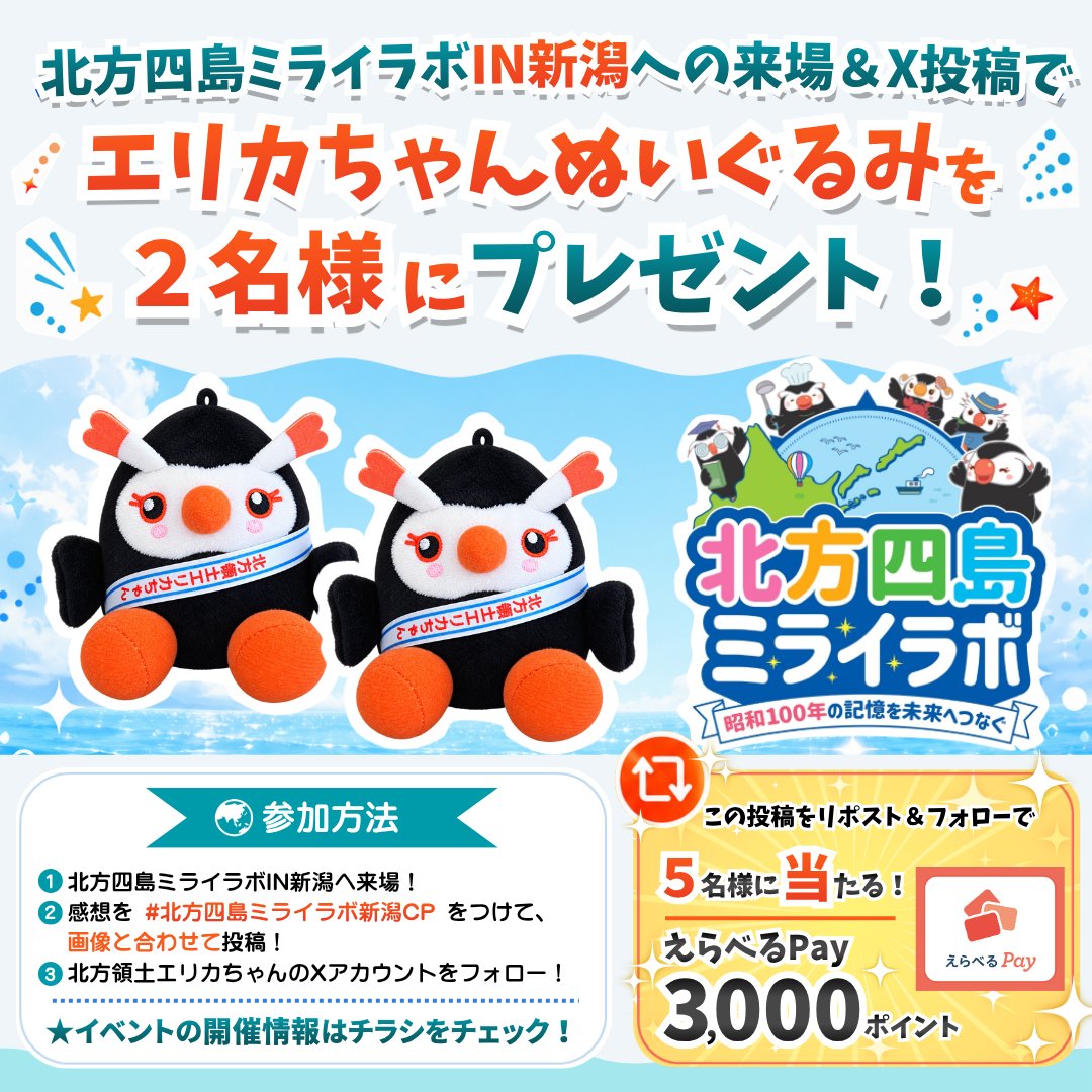 hoppou_erika's tweet photo. ＼リポストでえらべるPayが当たるッピ！🎁／
10月3日(土)に、【北方四島ミライラボ IN 新潟】を開催！
イベントに合わせて、Xでもキャンペーンを実施するッピ♪

@hoppou_erika をフォロー＆この投稿をリポストしてくれた方の中から、
抽選で5名様に✨えらべるPay 3,000ポイント✨をプレゼント！

さらに、ミライラボ新潟では
来場＆X投稿でエリカちゃんぬいぐるみが当たるキャンペーンも開催するッピ！

イベントの開催情報は
2枚目のチラシをチェックしてピィ♪

抽選会や、エリカちゃんエリオくんとのグリーティングもあるピィ！
みんなの参加を待ってるッピ！