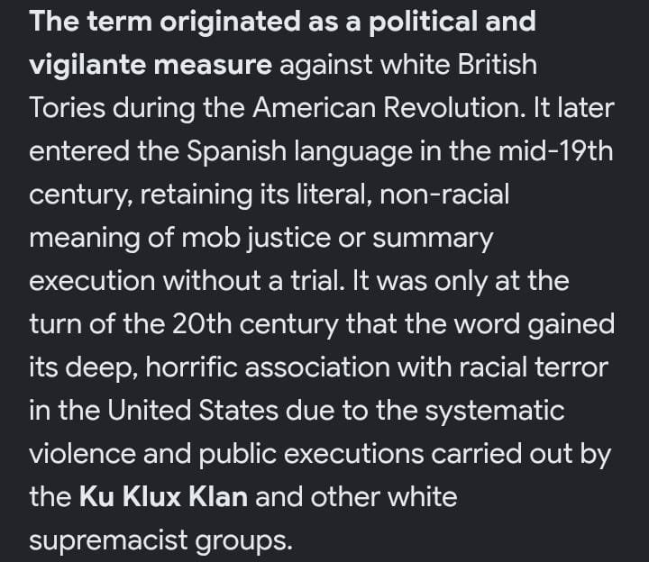 da_kummah's tweet photo. @Llghtnlng_Blade Funny is that it's not. It is rooted on Lynch's laws aimed to punish white british tories in the American Revolution. It passed to spanish in mid XIX century later on that century and in the early XX it gained racist undertones under the KKK lynchings. https://t.co/zYxSgnGnpp