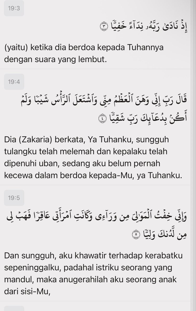 lilaccountz's tweet photo. tadi denger ceramah ustadz yg jelasin beberapa ayat Al Imron, khususnya ayat ttg Nabi Zakaria.

di situ ustadz jelasin kalo Nabi Zakaria waktu berdoa minta anak, Nabi bilang “aku takut dengan org org sepeninggalku (khawatir mereka tersesat)…”

nah kata ustadz, saat kita berdoa tuh dianjurkan buat sekalian ngobrol sama Allah ttg tujuan dan alasannya kita ingin doa dikabulkan. kayak Nabi Zakaria, beliau minta punya anak agar anaknya menjadi penerusnya dlm berdakwah dan mewarisi ilmunya karena dia takut kaumnya (akan tersesat) sepeninggal Nabi Zakaria jika tdk ada yg meneruskan dakwahnya.

walau mustahil, Nabi Zakaria udh tua renta beruban, istrinya pun mandul, tapi Nabi Zakaria ga putus asa berdoa. beliau tetap berdoa terus menerus. padahal kek gamungkin ga si kakek kakek sama nenek nenek mandul punya anak? beneran udh lansia gitu loh di atas 70 tahun

tapi ternyata Allah kabulkan! Allah kasih Nabi Zakaria anak yg menjadi penerusnya yaitu Nabi Yahya alaihimassalam.

so…mulai detik ini, tiap berdoa, ayo kita ikuti Nabi Zakaria! 🥹