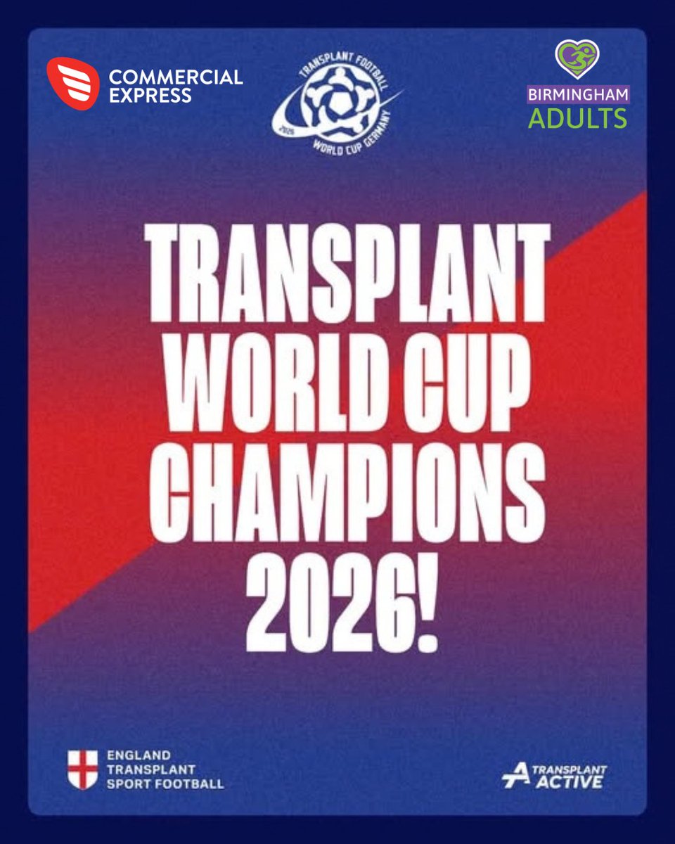 CommercialExp's tweet photo. England triumphed at the 2026 Transplant Sport Football World Cup in Frankfurt, beating Spain in the final. Proud of our charity partner, Birmingham Adult Transplant Sports Team: Rowan Caney (captain), Jon Bailey (goalkeeper), and Matt Marshall (Man of the Match in two games). https://t.co/FgP7lXAILL