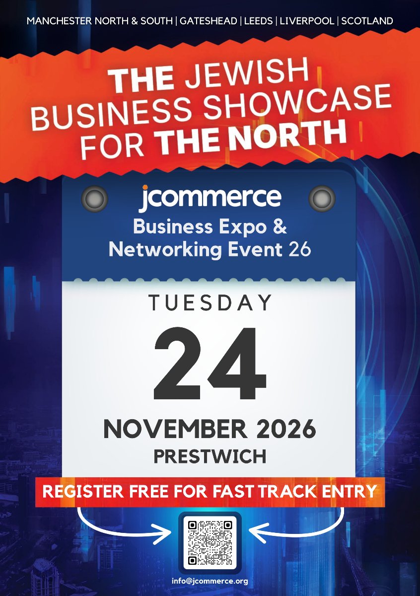 JLifeMagazine's tweet photo. The Jewish Business Showcase for the North is back in Prestwich on Tuesday 24 November 2026, from 11am–7pm. Entry is FREE for visitors! Register today: https://t.co/JwXLkmbrpi
#JLife #Manchester #Jewishlife #JewishCommunity #JCommerce #BusinessExpo #JewishBusiness #Networking https://t.co/aFiTKiUf1r
