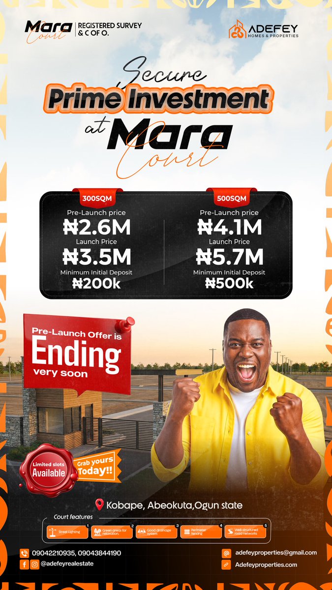 AdefeyProp's tweet photo. Secure your prime investment at Mara Court before pre-launch prices end! 🏡🔥

📍 Kobape, Abeokuta
📲 DM us or click the link in bio to secure your plot today.#Adefeyhomes #prelaunch https://t.co/Zp4kLAEXZE