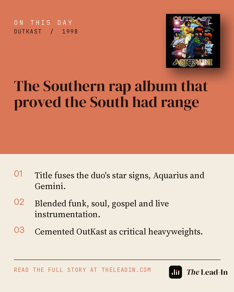 TheLead_in's tweet photo. On this day in 1998, OutKast released Aquemini. The Southern rap album that proved the South had range.
https://t.co/6zd1S5rVaH
#outkast #aquemini #onthisday #vinylcommunity #vinyl https://t.co/MzILqhPqEK