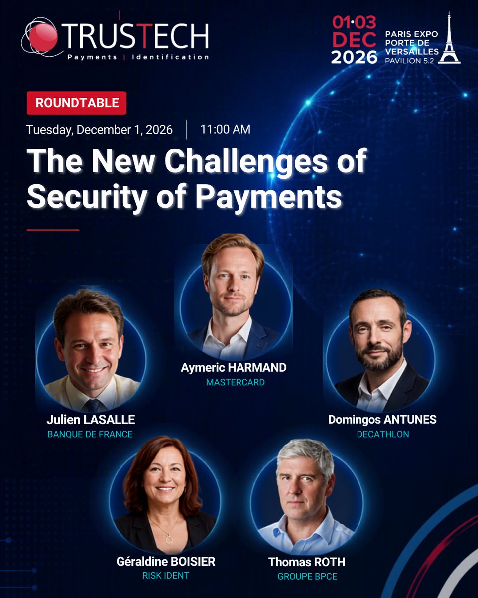 TRUSTECH_Event's tweet photo. 🔎 Session Focus "The New Challenges of Security of Payments" featuring experts from Mastercard, Banque de France, Decathlon, Risk Ident &amp; BPCE.

As fraud becomes increasingly sophisticated, regulations continue to evolve, and new technologies reshape the payments landscape. https://t.co/pPmZSYHevB