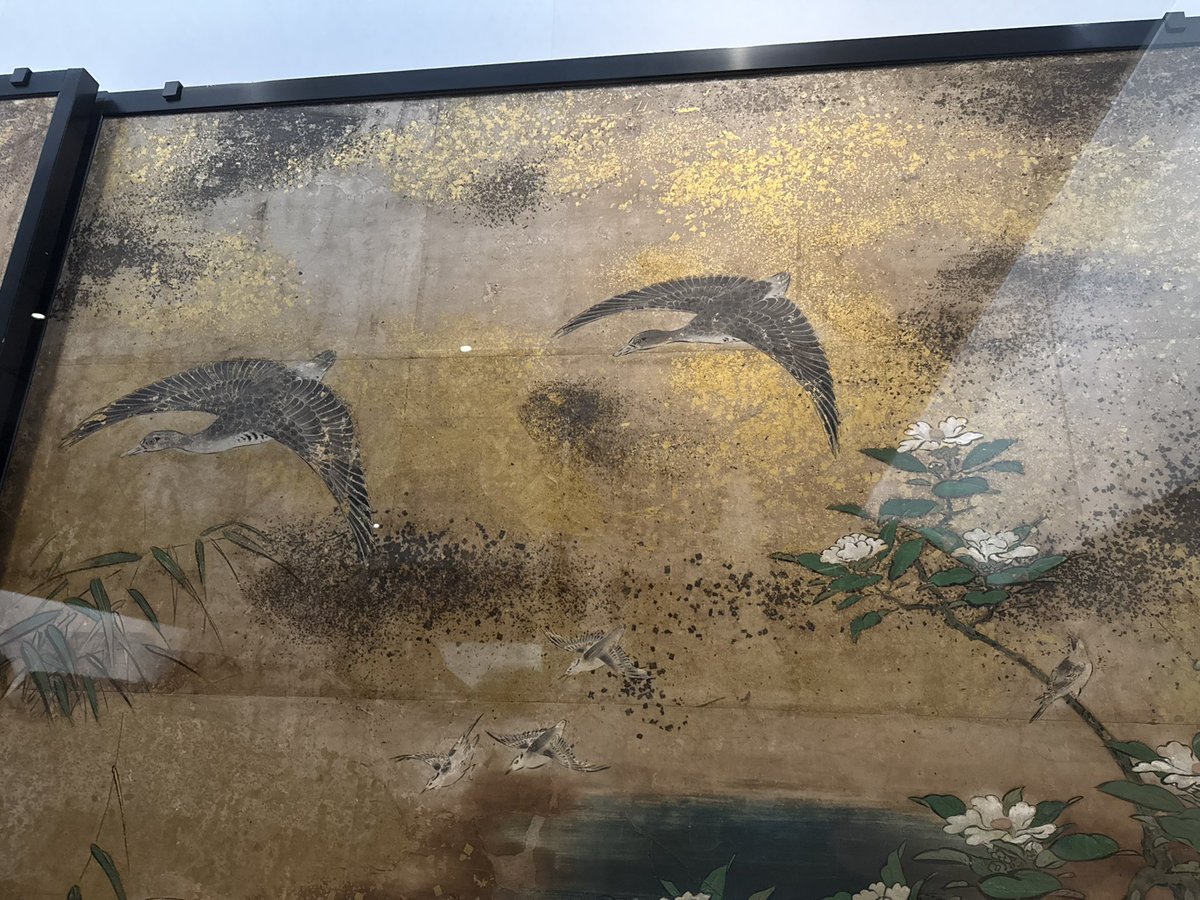 Syoh_Say's tweet photo. 『大英博物館日本美術コレクション 百花繚乱』観てきた！

蒔絵の櫛箱から、屏風絵に目玉の襖絵、そして浮世絵まで、室町以降の日本美術の大まかな流れが掴めた
良くも悪くも、流石大英博物館というラインナップで観てて満足感は高かった
写真にある狩野派の襖絵は、秋冬の景物が描かれてて好きでした https://t.co/bwjEpI8akq
