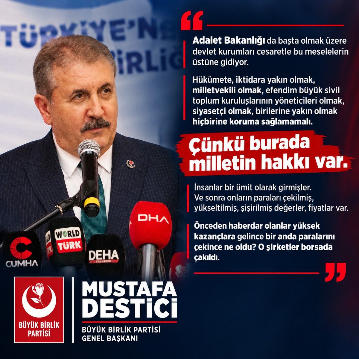 desticinededi's tweet photo. Adalet Bakanlığı da başta olmak üzere devlet kurumları cesaretle bu meselelerin üstüne gidiyor.

​Hükümete, iktidara yakın olmak, milletvekili olmak, efendim büyük sivil toplum kuruluşlarının yöneticileri olmak, siyasetçi olmak, birilerine yakın olmak hiçbirine koruma sağlamamalı.

​Çünkü burada milletin hakkı var.
​İnsanlar bir ümit olarak girmişler. Ve sonra onların paraları çekilmiş, yükseltilmiş, şişirilmiş değerler, fiyatlar var.

​Önceden haberdar olanlar yüksek kazançlara gelince bir anda paralarını çekince ne oldu? O şirketler borsada çakıldı.
