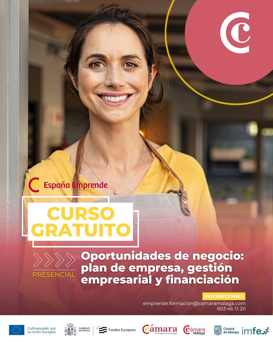 Camara_Malaga's tweet photo. 🚀💼 Convierte tu idea de negocio en un proyecto viable con el curso “Oportunidades de negocio, plan de empresa y gestión empresarial”

La Cámara de Comercio de Málaga pone en marcha esta formación dentro del programa España Emprende, dirigida a emprendedores y profesionales que quieran desarrollar sus proyectos empresariales con una visión estratégica.

📆 Del 15 de octubre al 5 de noviembre.

Una oportunidad para adquirir los conocimientos necesarios para analizar una idea de negocio, planificar su puesta en marcha y mejorar la gestión de una empresa📈

En este curso aprenderás:
👉 Identificación y análisis de oportunidades de negocio
👉 Elaboración de un plan de empresa
👉 Claves para la gestión empresarial
👉 Herramientas para mejorar la toma de decisiones y la viabilidad del proyecto

Una formación práctica para dar forma a tus ideas y avanzar con mayor seguridad en el camino del emprendimiento 🚀

🔗 Más información e inscripciones:
https://t.co/7JaFFeXeDC

#EspañaEmprende #Emprendimiento #PlanDeEmpresa #GestiónEmpresarial #CámaraMálaga #Formación #Empresas