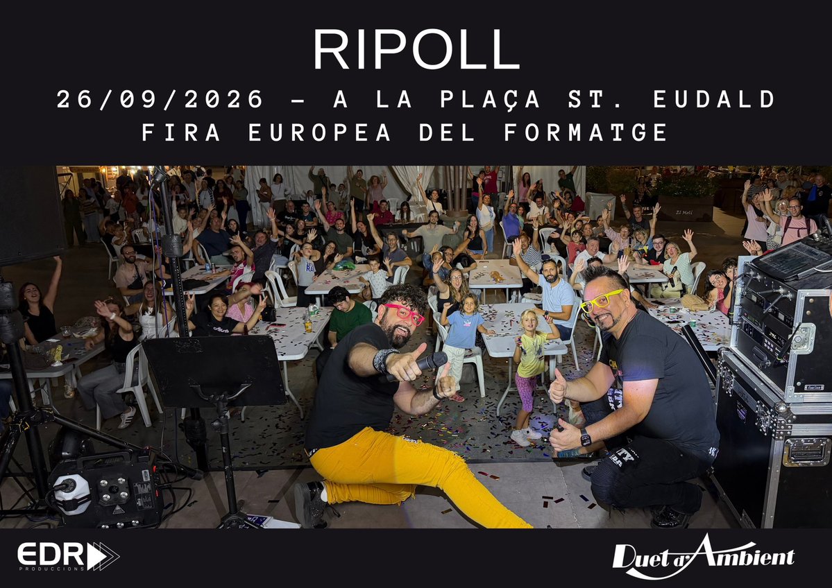 duetdambient's tweet photo. Ripoll, quina passada! 🧀🎶

Dissabte vam portar el nostre bingo musical, edició estàndard, a la Fira Europea del Formatge. La gent que passava s’hi anava afegint, participava i s’ho passava d’allò més bé… fins que la plaça de Sant Eudald va quedar ben plena! 😍 https://t.co/PtQ0AdKQzh